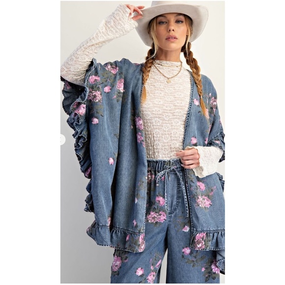 Easel Medium Wash Floral Print Tercel Ruffle Detail Open Front Cardigan - Picture 2 of 5